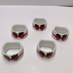 Vtg Mount Clemens Pottery Christmas Napkin Rings Holly Porcelain Japan Set of 5